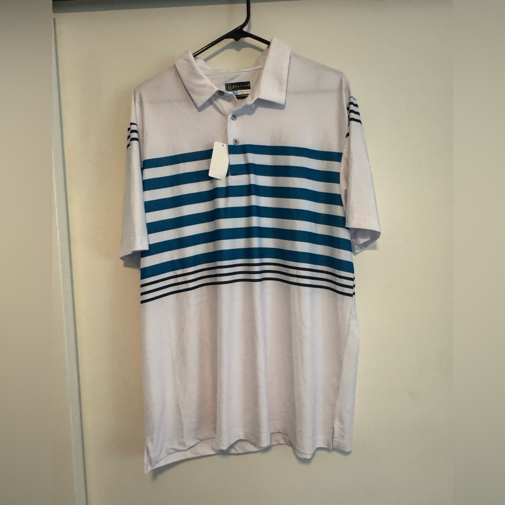 PGA Tour Men’s White and Blue Striped Polo Shirt